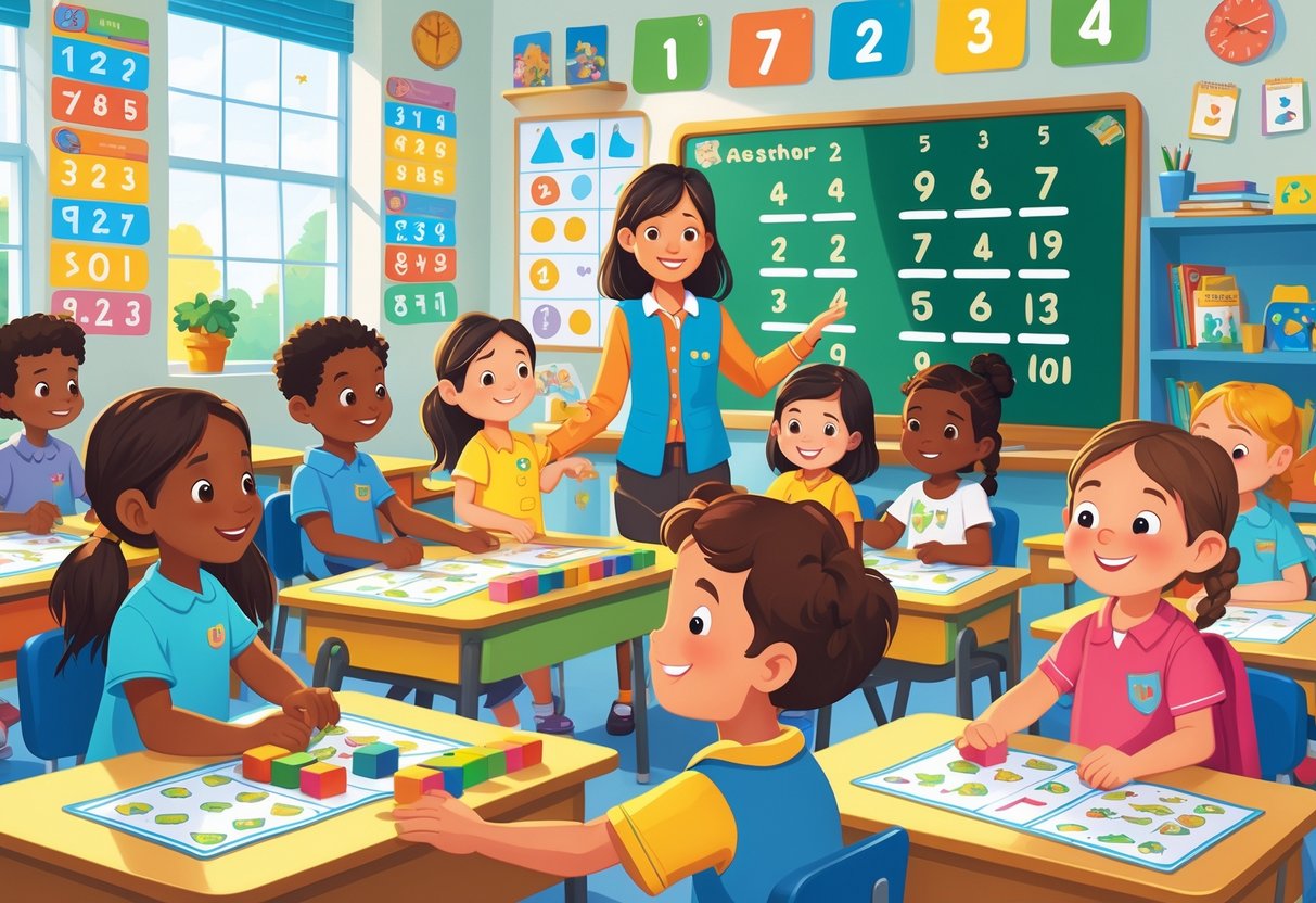 Year 2 Maths Resources and Activities: Complete Guide for KS1 Year 2 Maths LearningMole Young children in a classroom using maths learning materials with a teacher guiding them.