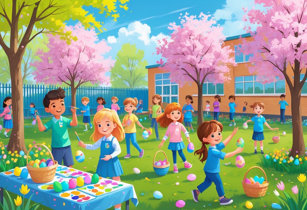 Easter Activities for Primary School: Creative Classroom Fun LearningMole Children outdoors at school painting Easter eggs, hunting for eggs, and making Easter baskets on a sunny spring day.