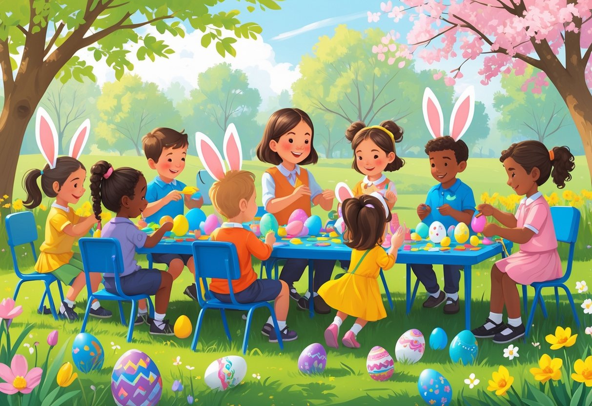 Easter Activities for Primary School: Creative Classroom Fun LearningMole Children and a teacher engaging in Easter-themed craft activities outdoors on a sunny spring day.