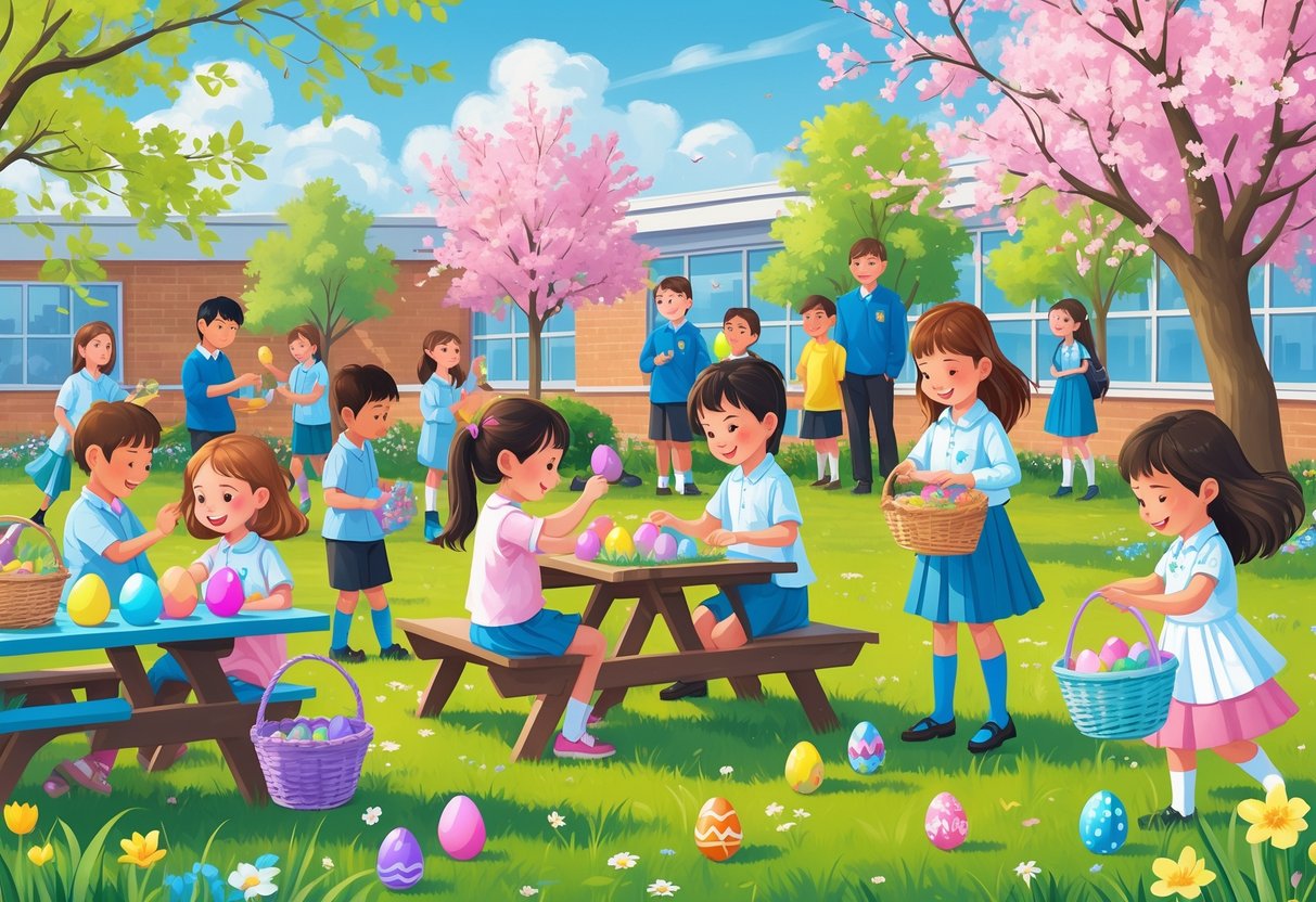 Easter Activities for Primary School: Creative Classroom Fun LearningMole Children outdoors enjoying Easter activities like egg painting, egg hunting, and basket decorating on a sunny day at school.
