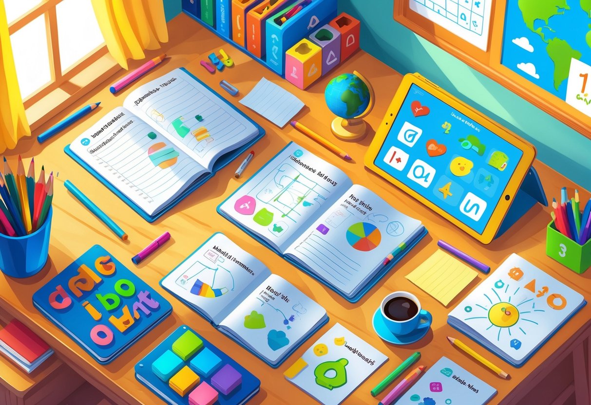 Lesson Planning Resources for Primary Teachers: The Complete Guide LearningMole A tidy desk with colourful stationery, notebooks, a tablet, and educational items like alphabet blocks and a globe, set up for primary school lesson planning.