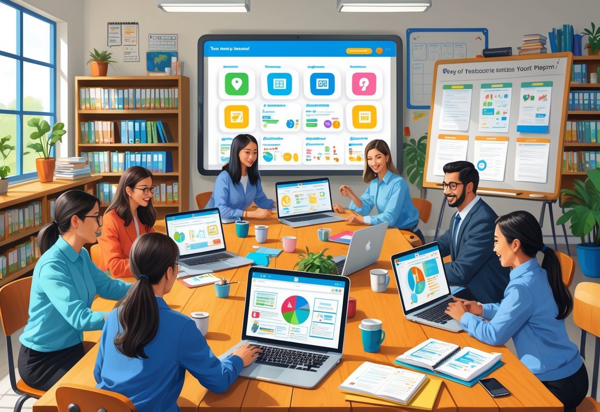 Lesson Planning Resources for Primary Teachers: The Complete Guide LearningMole A group of primary school teachers working together around a table with laptops and tablets, surrounded by bookshelves and a whiteboard, preparing lesson plans using online resources.