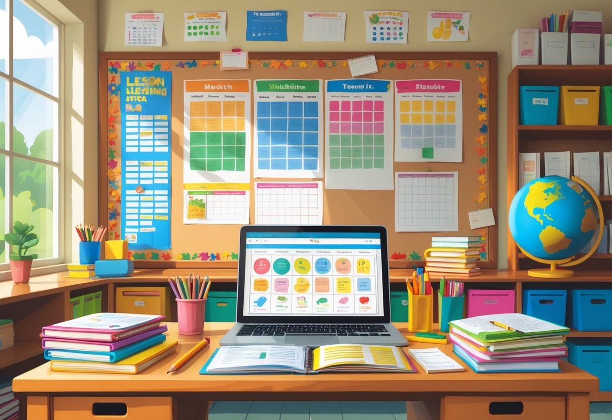 Lesson Planning Resources for Primary Teachers: The Complete Guide LearningMole A primary school classroom with a teacher's desk covered in lesson planning materials, a bulletin board with educational charts, and shelves with books and supplies.