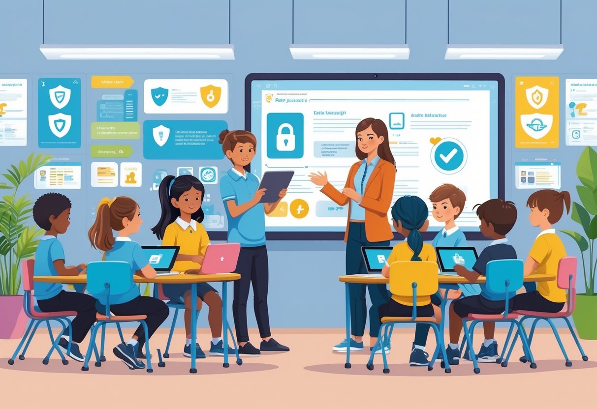 AI Tools for Teachers Primary School: The Complete Guide LearningMole A primary school classroom where a teacher is helping young students use tablets and laptops safely with symbols of data protection visible in the background.