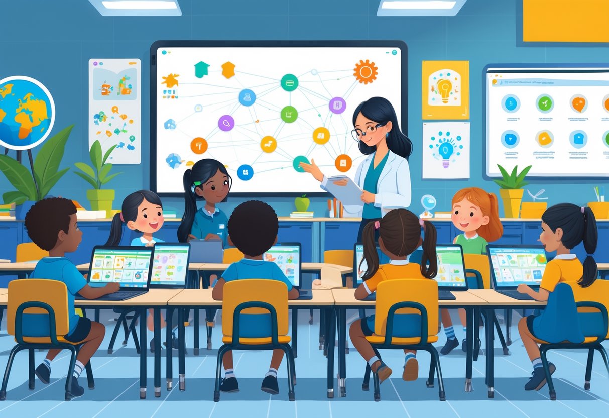 AI Tools for Teachers Primary School: The Complete Guide LearningMole A primary school classroom with a teacher and diverse children using tablets and laptops with AI learning tools.
