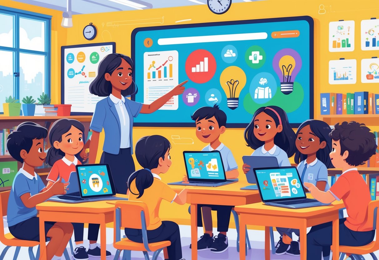 AI Tools for Teachers Primary School: The Complete Guide LearningMole A primary school classroom where a teacher helps young students using tablets and a large interactive screen with educational AI icons.