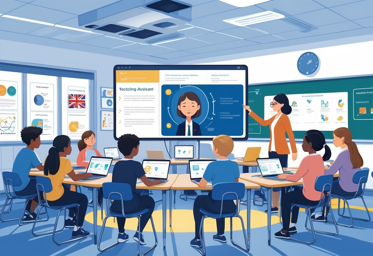 AI Teaching Assistant Tools UK: Essential Guide for Modern Educators LearningMole A classroom in the UK where students use digital devices and an AI assistant helps the teacher with personalised learning activities.
