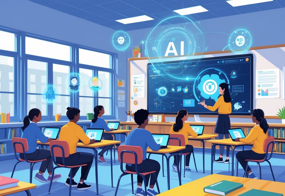 AI Teaching Assistant Tools UK: Essential Guide for Modern Educators LearningMole A classroom in the UK where students use digital devices and a teacher interacts with a smart board showing AI-related graphics, illustrating AI teaching assistant tools in education.