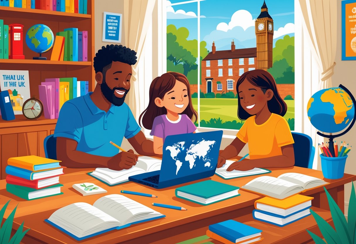 How to Homeschool in the UK: A Step-by-Step, Friendly Guide LearningMole A family homeschooling together at a table in a UK home with educational materials and a window showing a garden outside.