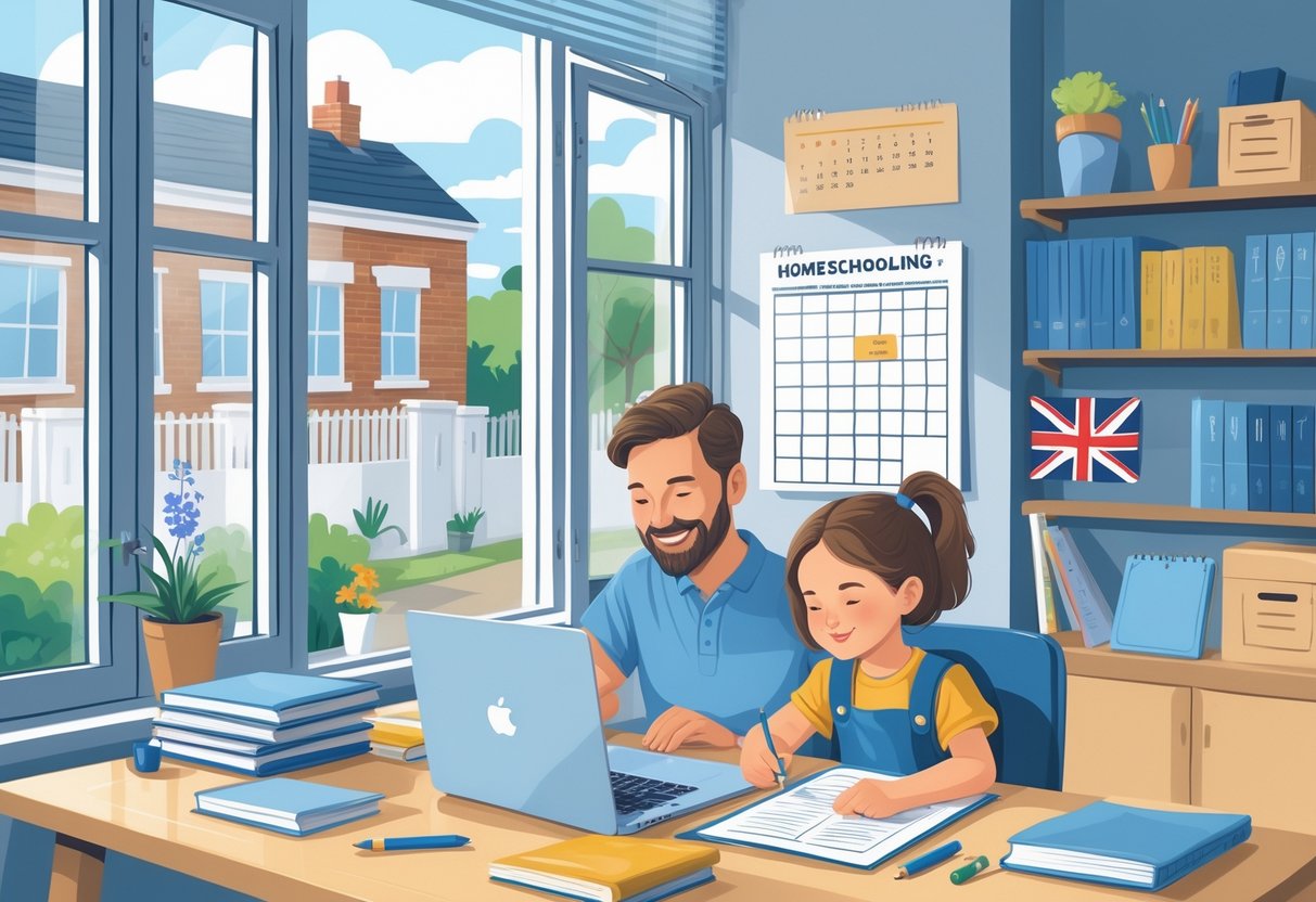 How to Homeschool in the UK: A Step-by-Step, Friendly Guide LearningMole A parent and child studying together at a desk in a home setting with books, a laptop, and a calendar visible, representing planning and budgeting for homeschooling in the UK.