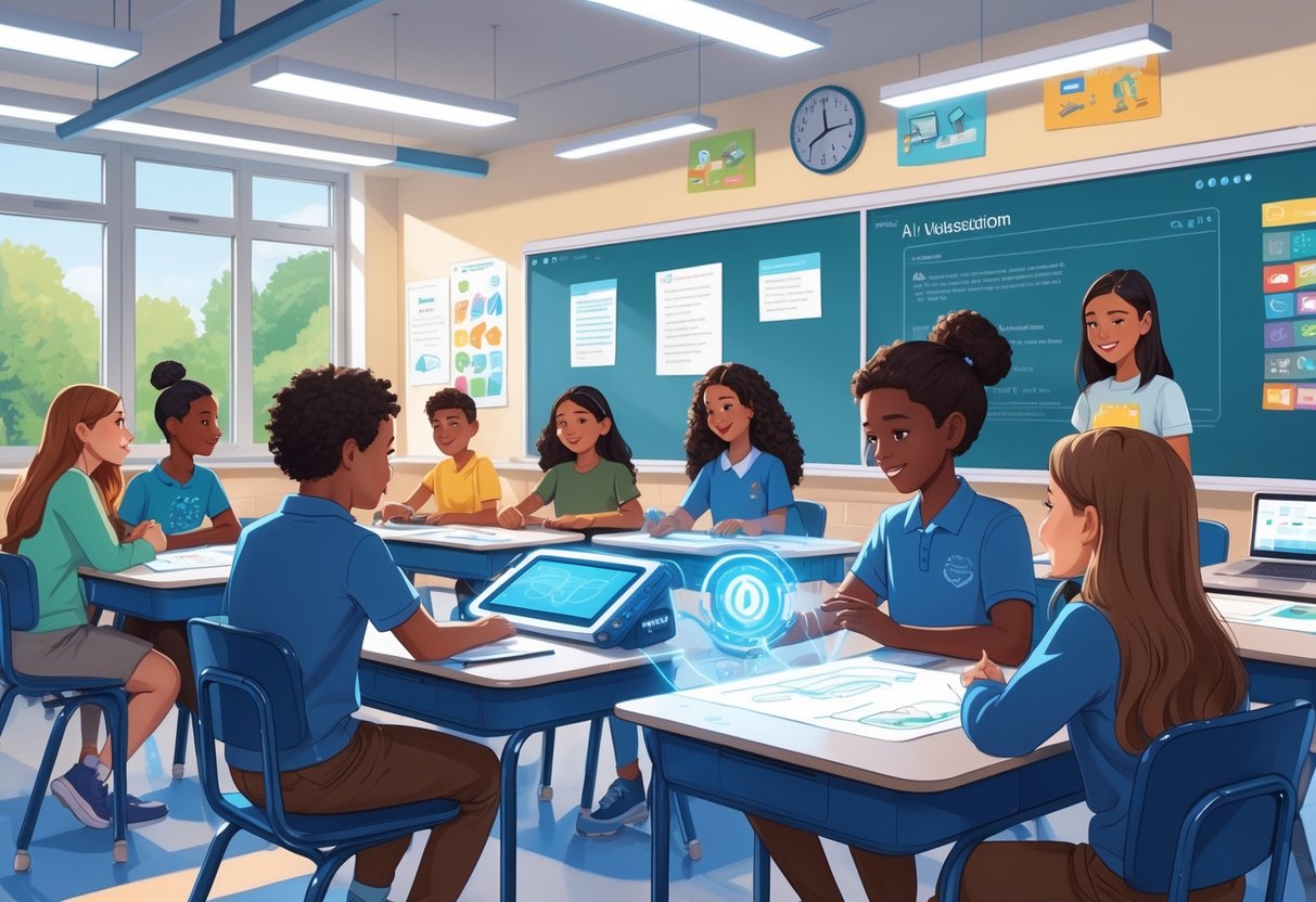 AI Teaching Assistant Tools UK: Essential Guide for Modern Educators LearningMole A classroom in a UK school with a teacher and diverse students using an AI assistant device to support learning.