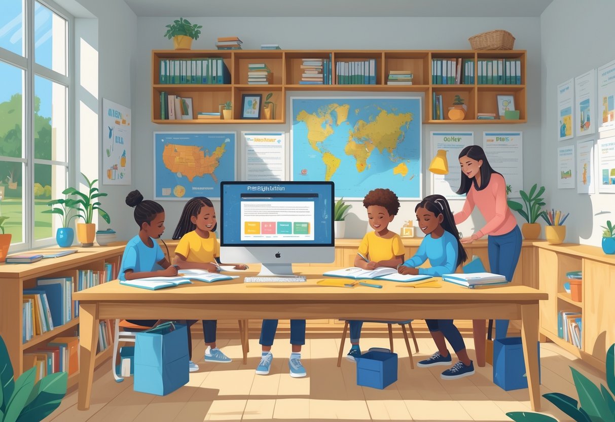 Homeschooling Resources UK Free: The Ultimate Guide for Families LearningMole A bright study space with children and an adult learning together surrounded by books, educational materials, and maps of the UK.