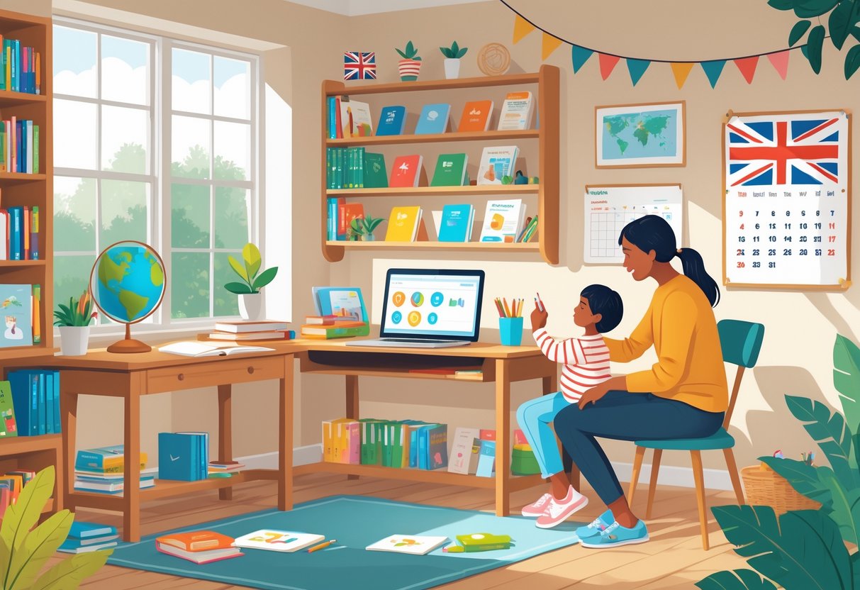 Homeschooling Resources UK Free: The Ultimate Guide for Families LearningMole A parent and child learning together at a desk in a bright room filled with books and educational materials, with a small UK flag visible in the background.