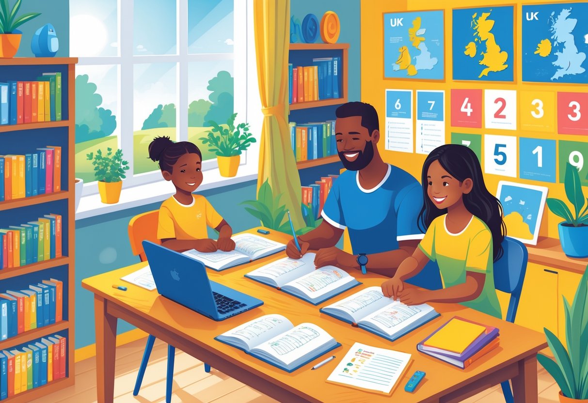 Homeschooling Resources UK Free: The Ultimate Guide for Families LearningMole A family homeschooling at a table with books, a laptop, and educational materials in a bright room with UK maps on the wall.