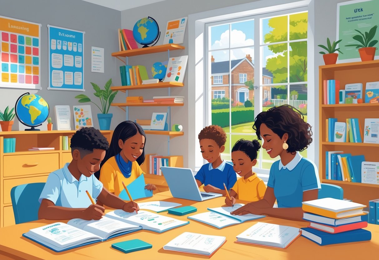 Homeschooling Resources UK Free: The Ultimate Guide for Families LearningMole A family homeschooling in a bright room with books, educational materials, and a window showing a garden outside.