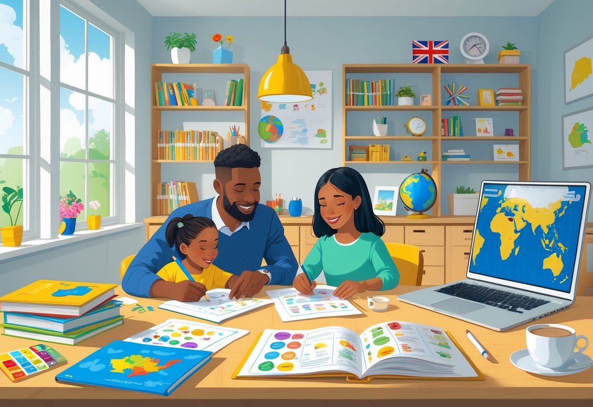 Homeschooling Resources UK Free: The Ultimate Guide for Families LearningMole A family in a bright study room with educational materials and a laptop, learning together with a map of the UK and a small Union Jack flag visible.