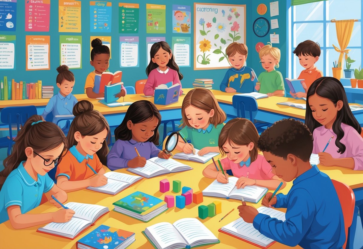 What Do Children Learn in Year 3 UK Curriculum: Key Learning Explained Year 3,UK Curriculum LearningMole Children aged 7 to 8 learning through reading, writing, science exploration, maths activities, and art projects in a bright classroom with a teacher guiding them.