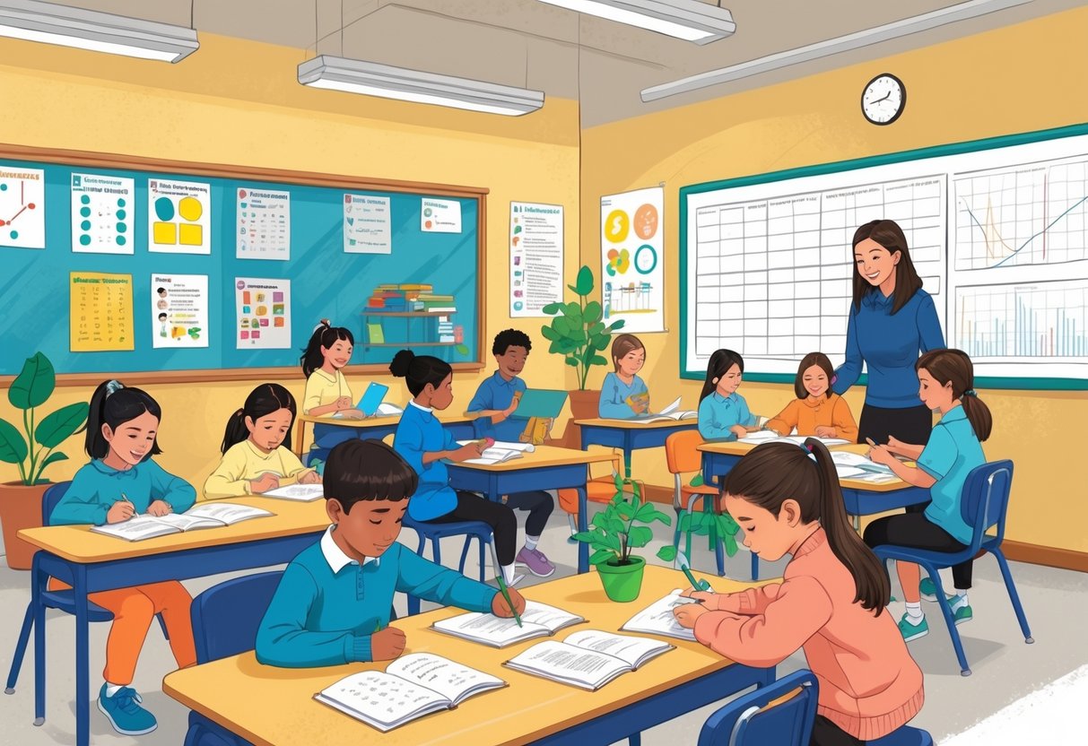 What Do Children Learn in Year 6 UK Curriculum: Full Guide for Parents Year 6,UK Curriculum LearningMole A Year 6 classroom in the UK with children engaged in learning activities like maths, reading, writing, and science, while a teacher supports them.