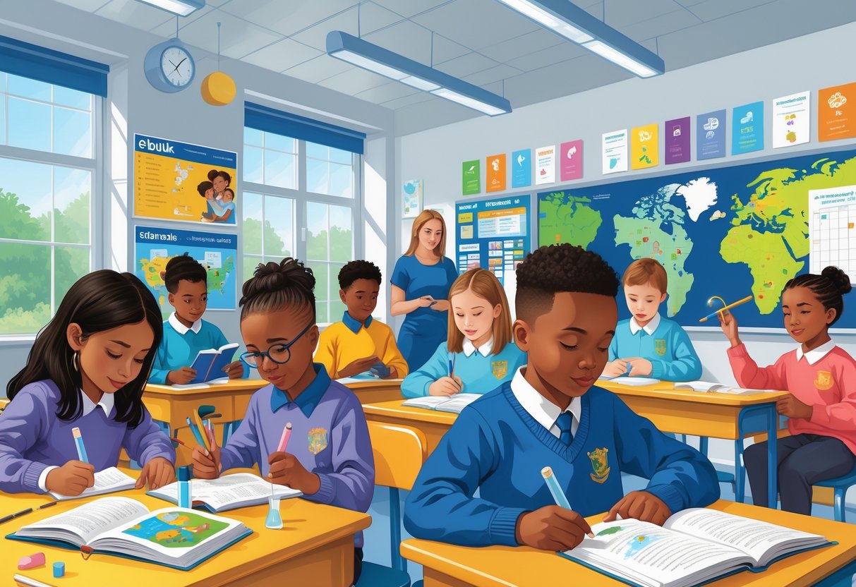 What Do Children Learn in Year 6 UK Curriculum: Full Guide for Parents Year 6,UK Curriculum LearningMole A group of children in a classroom engaged in reading, science experiments, maths, and geography activities with a teacher supervising.