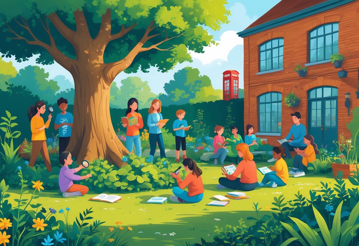 Unschooling Resources UK: The Comprehensive Guide for Families LearningMole Children and adults learning together outdoors in a garden with plants and books, near a red telephone box and a brick building, engaging in hands-on educational activities.