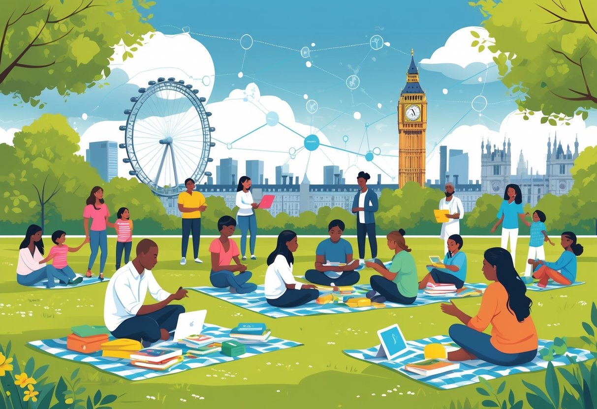 Unschooling Resources UK: The Comprehensive Guide for Families LearningMole A group of diverse people including parents, children, and educators gathered outdoors in a park sharing learning materials and interacting, with UK landmarks in the background.