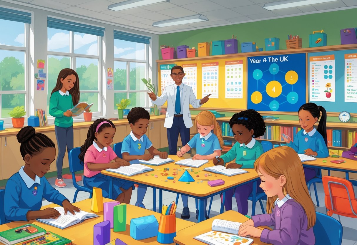 What Do Children Learn in Year 4 UK Curriculum: Full Guide Year 4 LearningMole A classroom with children aged 8 to 9 learning together with a teacher, showing various educational activities and materials.