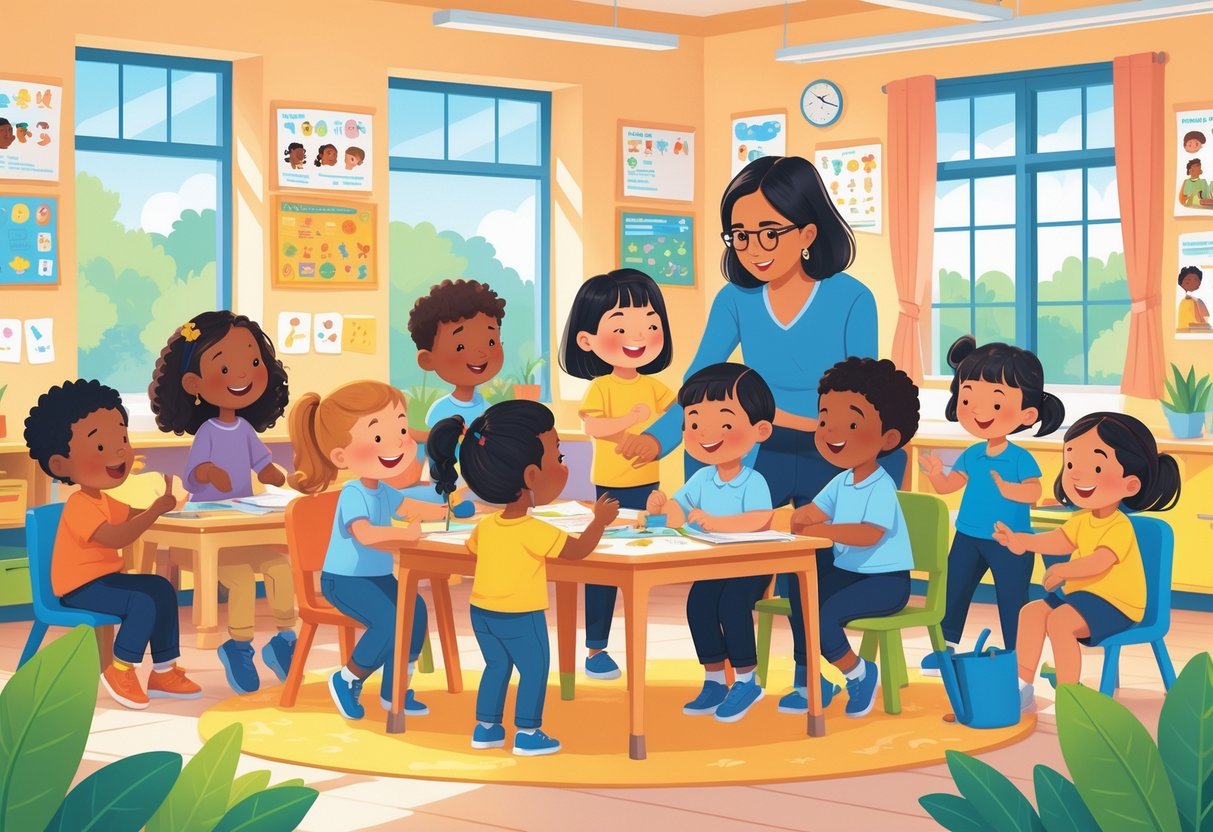 How to Support Your Child With the National Curriculum: A Parent’s Guide LearningMole A teacher supports a group of young children engaged in collaborative learning activities in a bright classroom.