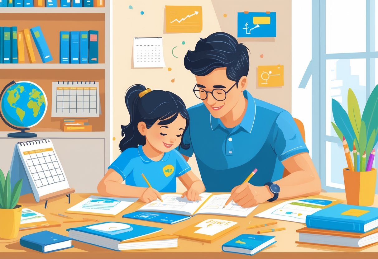 How to Support Your Child With the National Curriculum: A Parent’s Guide LearningMole A parent and child sitting together at a desk, working on educational materials in a bright room with books and learning tools around them.
