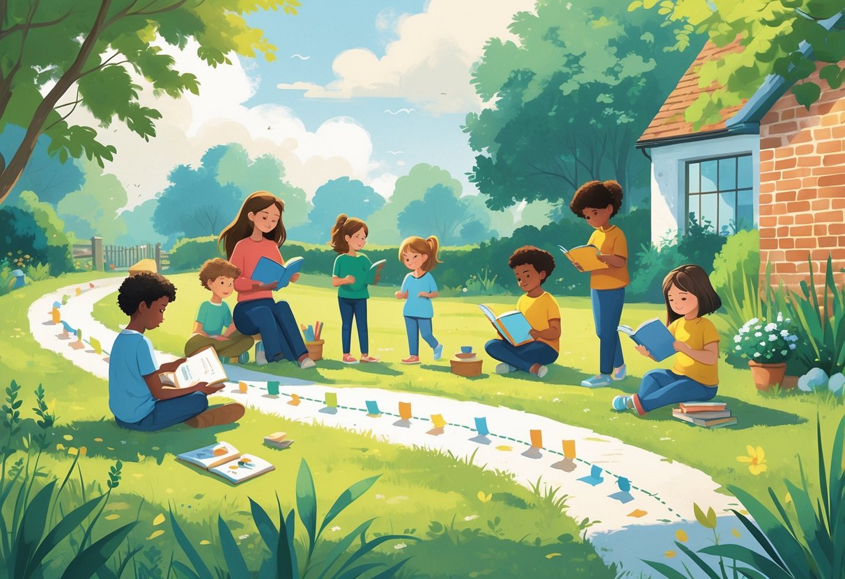 Unschooling Resources UK: The Comprehensive Guide for Families LearningMole Children and an adult engaged in hands-on learning activities in a bright home or garden setting in the UK, showing a path with small markers symbolising progress.
