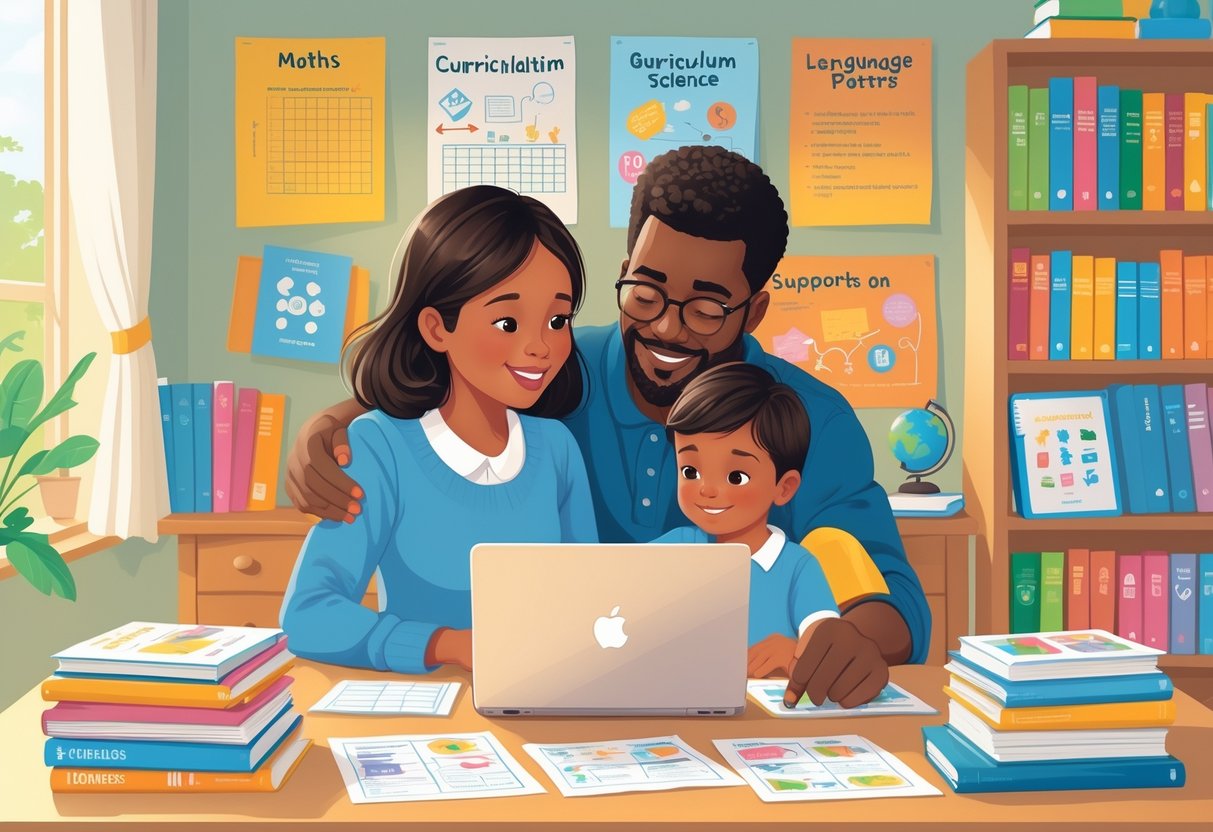 How to Support Your Child With the National Curriculum: A Parent’s Guide LearningMole A parent and child working together at a desk with books and a laptop, surrounded by educational materials in a bright, organised room.