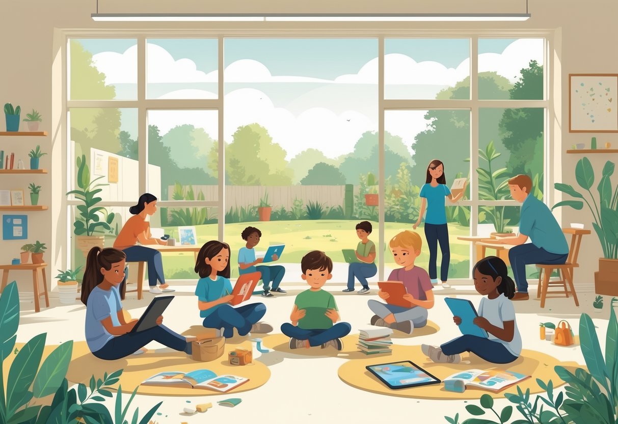 Unschooling Resources UK: The Comprehensive Guide for Families LearningMole A group of children and teenagers learning independently in a bright room with natural light and a garden outside, with adults gently supporting them and subtle UK elements in the background.