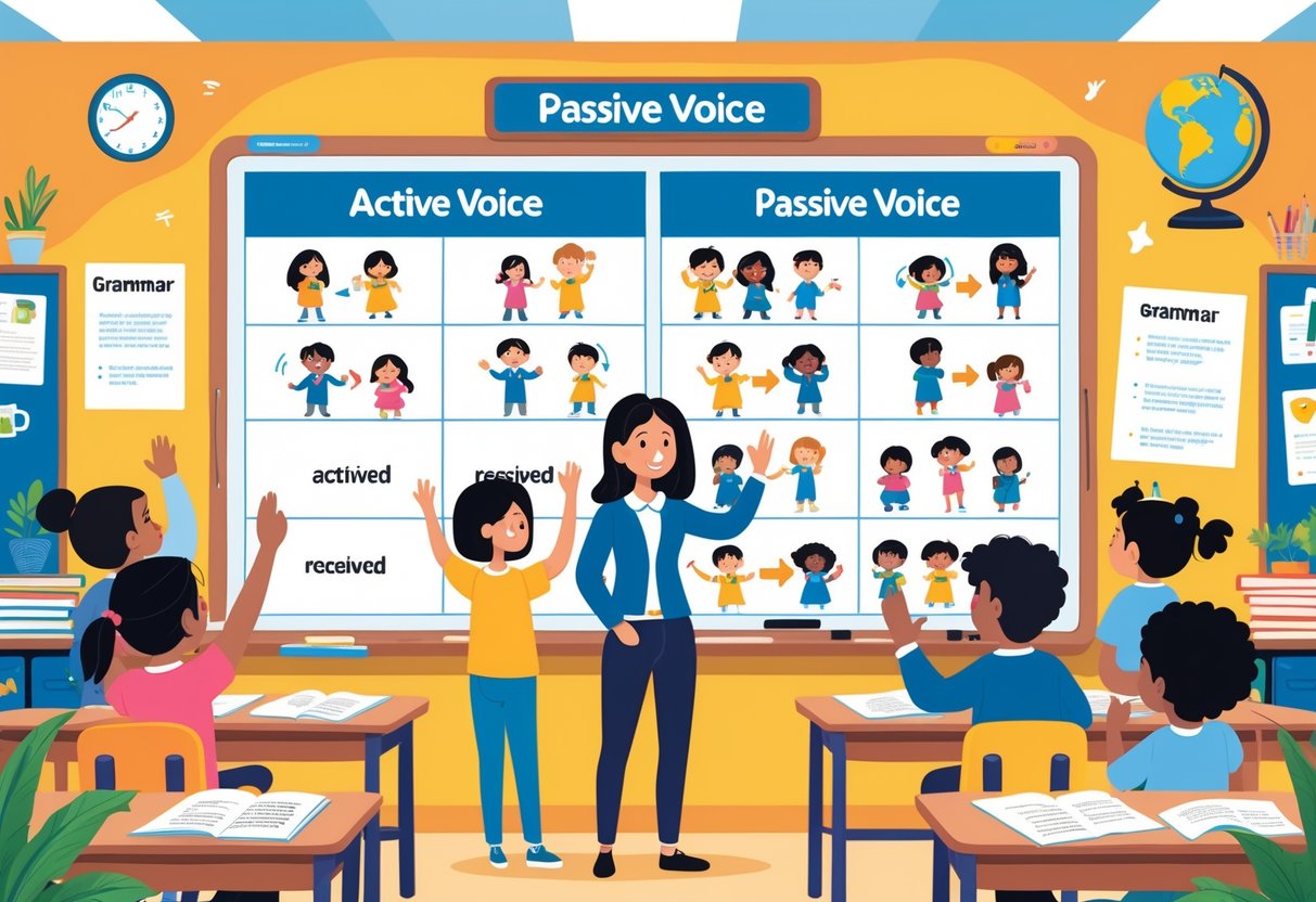 Passive Voice Teaching Resources KS2: Complete Guide & Activities Passive Voice LearningMole A teacher stands beside a whiteboard showing examples of active and passive voice, with children in a classroom watching and participating.