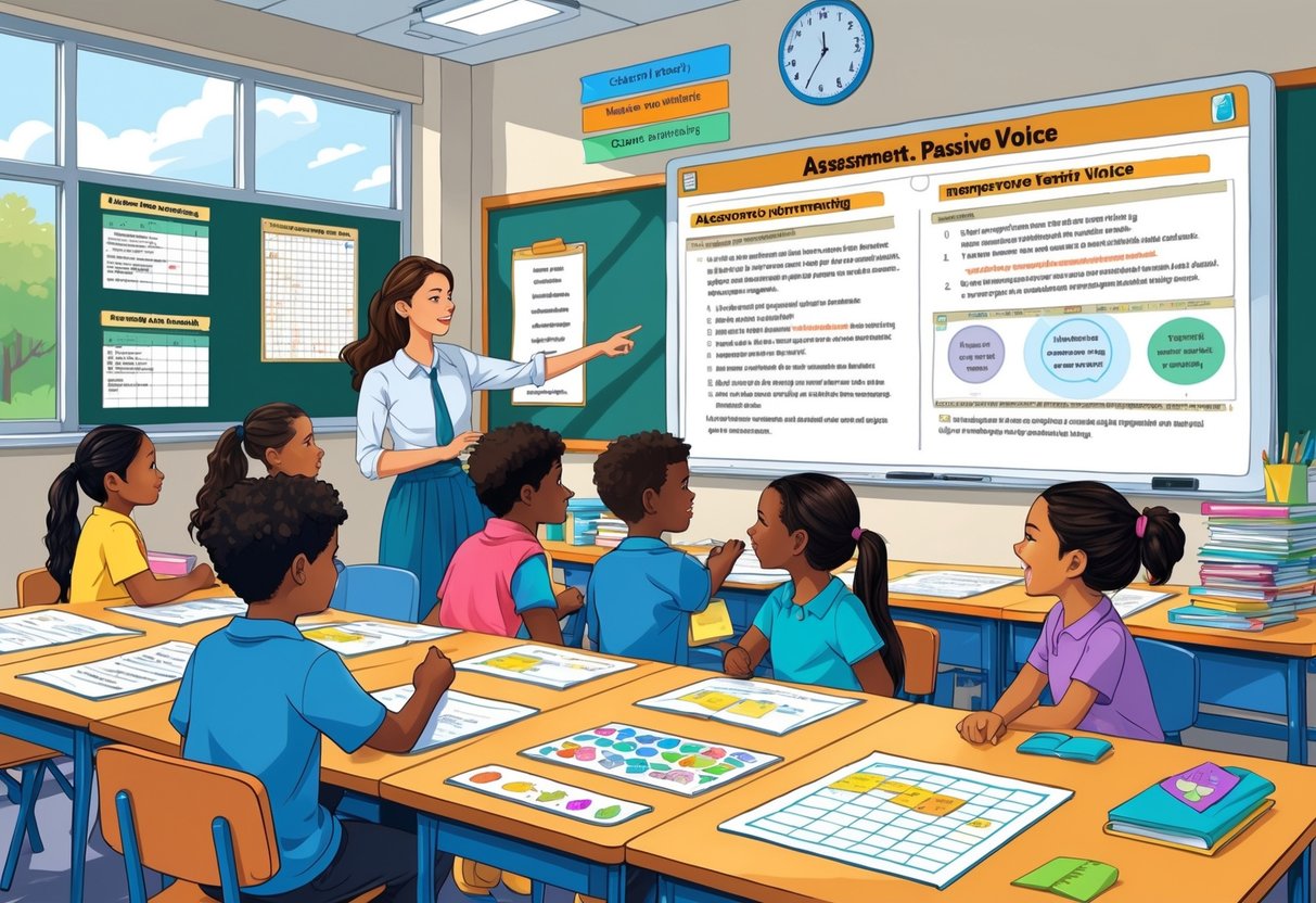 Passive Voice Teaching Resources KS2: Complete Guide & Activities Passive Voice LearningMole A classroom with children and a teacher engaged in grammar activities, showing tools for tracking learning progress.