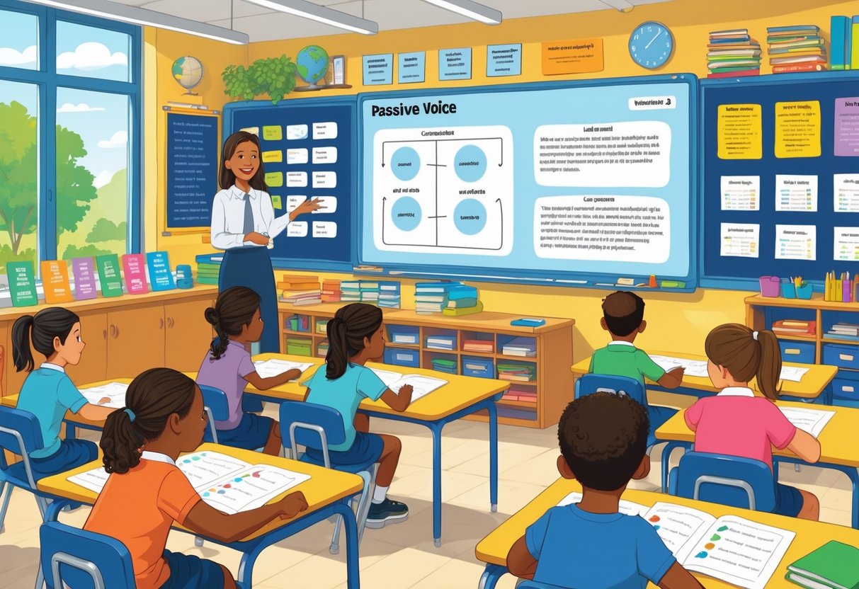 Passive Voice Teaching Resources KS2: Complete Guide & Activities Passive Voice LearningMole A classroom with children and a teacher learning about sentence structure using visual aids and teaching materials.
