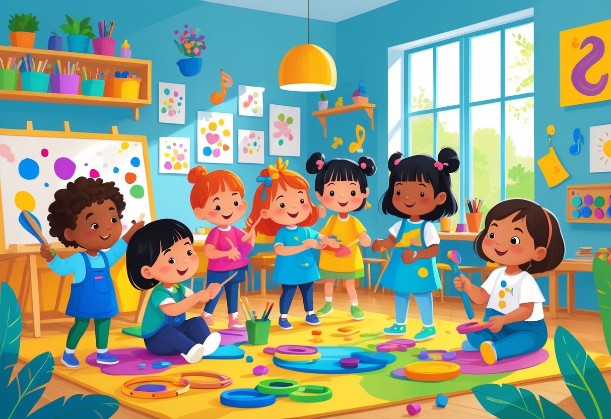 What Do Children Learn in Reception EYFS? A Complete Guide for Parents EYFS LearningMole Young children in an early years classroom engaged in painting, playing musical instruments, and imaginative play with a teacher guiding them.