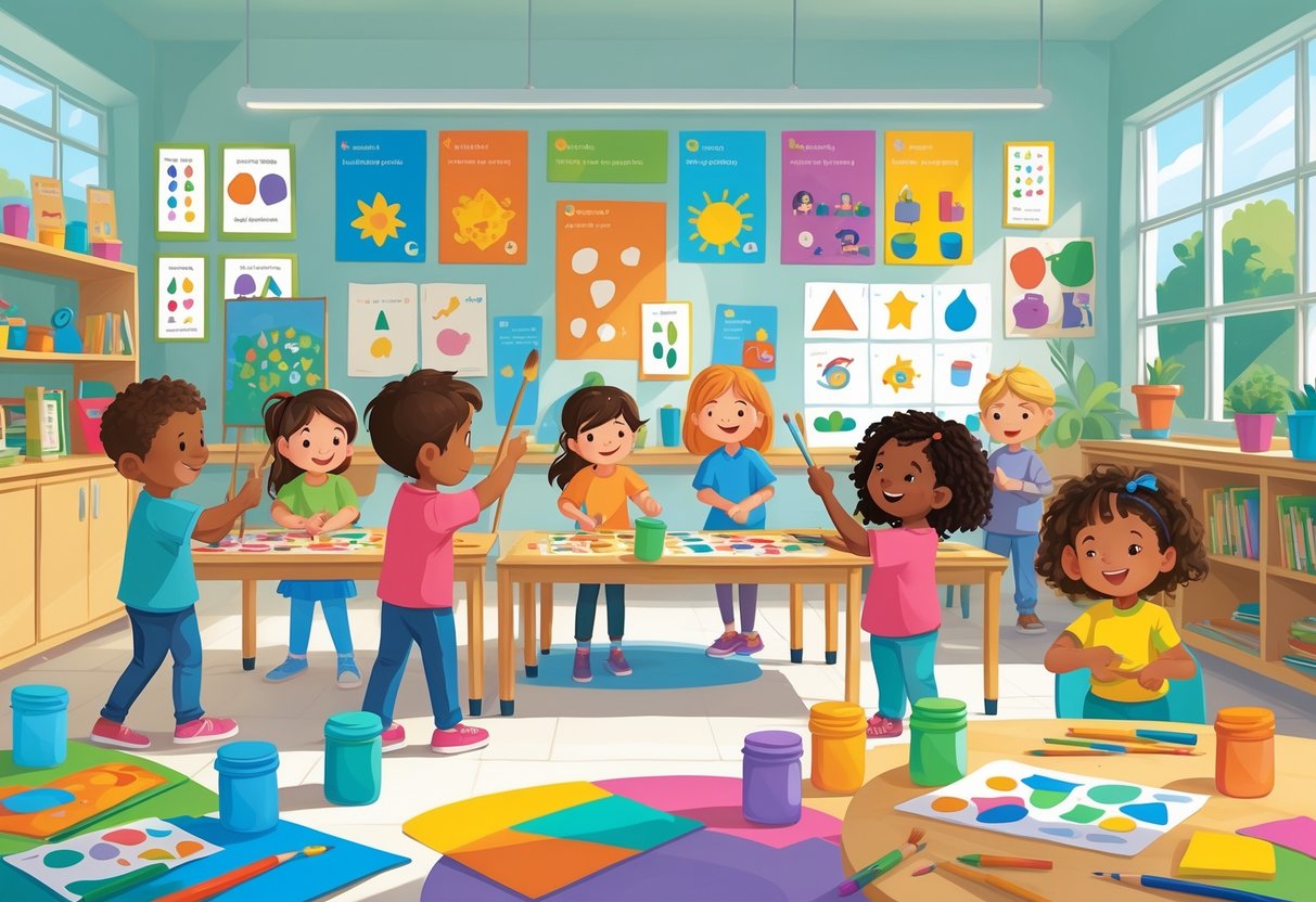 KS1 Curriculum Guide for Parents: Everything You Need to Know LearningMole Young children in a bright classroom painting and building with blocks, engaging in creative and practical activities.