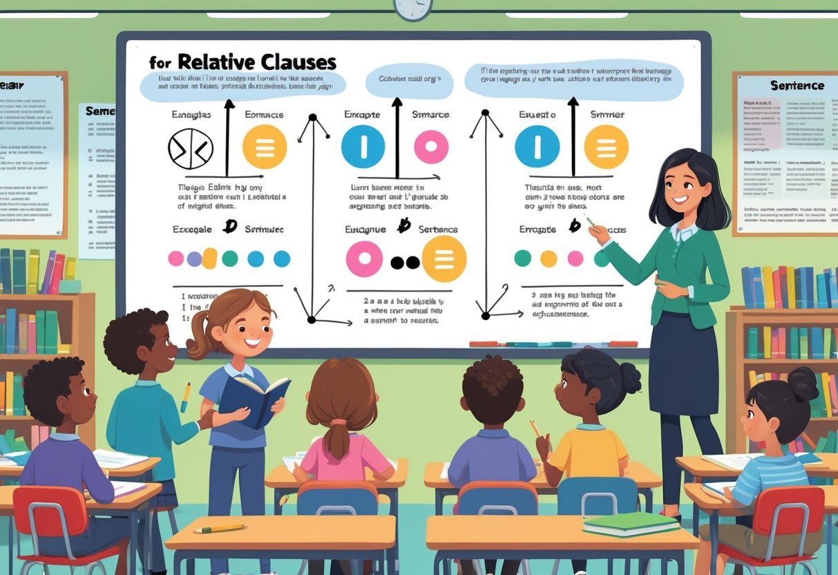 Relative Clauses Teaching Resources KS2: Boost Grammar & Writing Relative Clauses LearningMole Children and a teacher in a classroom looking at a whiteboard showing colourful punctuation symbols connected to example sentences about relative clauses.