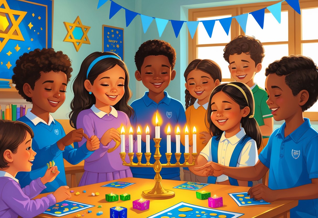 Hanukkah Activities for Primary School: Creative and Fun Classroom Ideas LearningMole Children in a classroom lighting a menorah, spinning dreidels, and celebrating Hanukkah with traditional decorations.