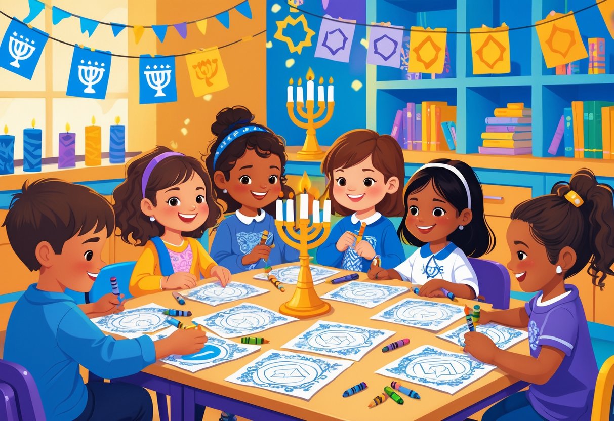 Hanukkah Activities for Primary School: Creative and Fun Classroom Ideas LearningMole Children in a classroom doing Hanukkah-themed colouring and craft activities around a table with decorations like a menorah and dreidels.