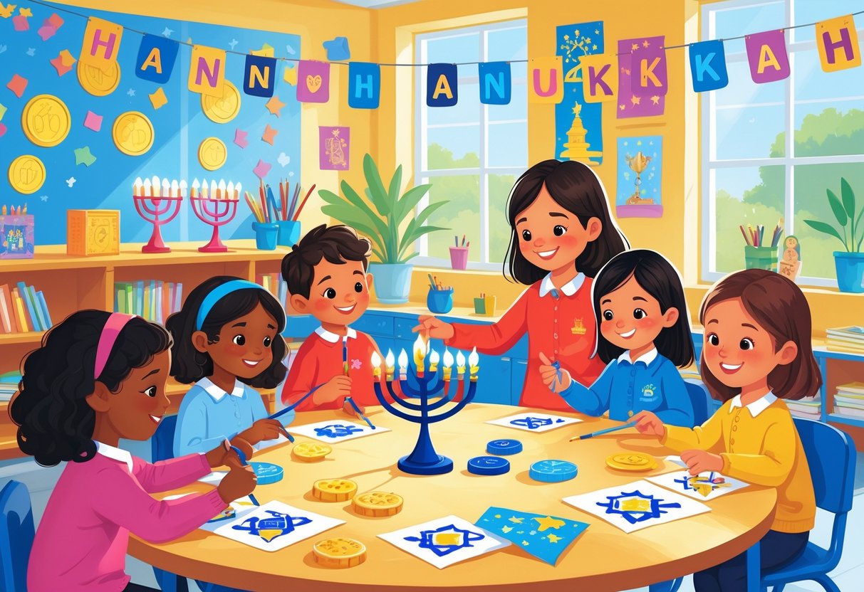 Hanukkah Activities for Primary School: Creative and Fun Classroom Ideas LearningMole Primary school children participating in Hanukkah activities in a decorated classroom with menorahs and dreidels.