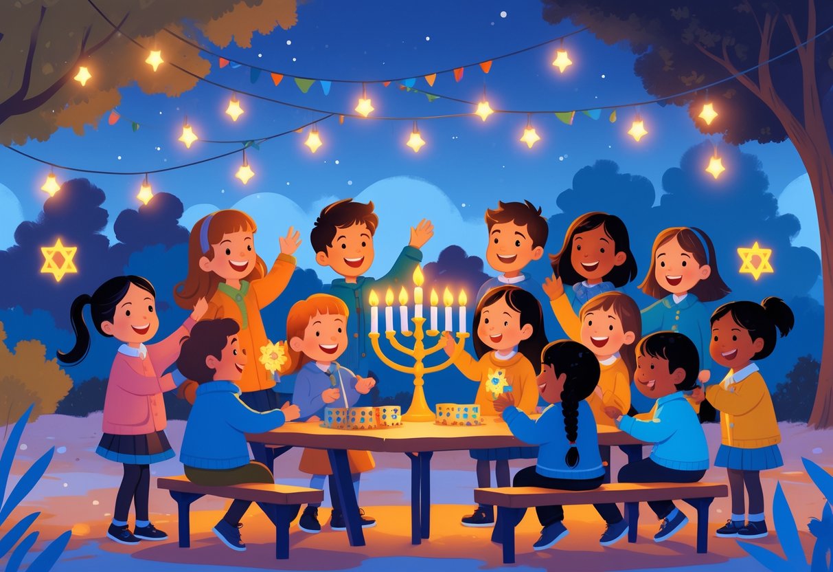 Hanukkah Activities for Primary School: Creative and Fun Classroom Ideas LearningMole A group of primary school children celebrating Hanukkah outdoors at sundown, lighting a menorah and playing dreidel together.