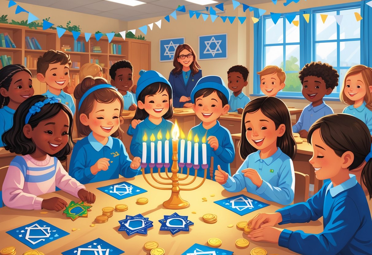 Hanukkah Activities for Primary School: Creative and Fun Classroom Ideas LearningMole Primary school children participating in Hanukkah activities in a classroom, making crafts, lighting a menorah, and playing dreidel games.