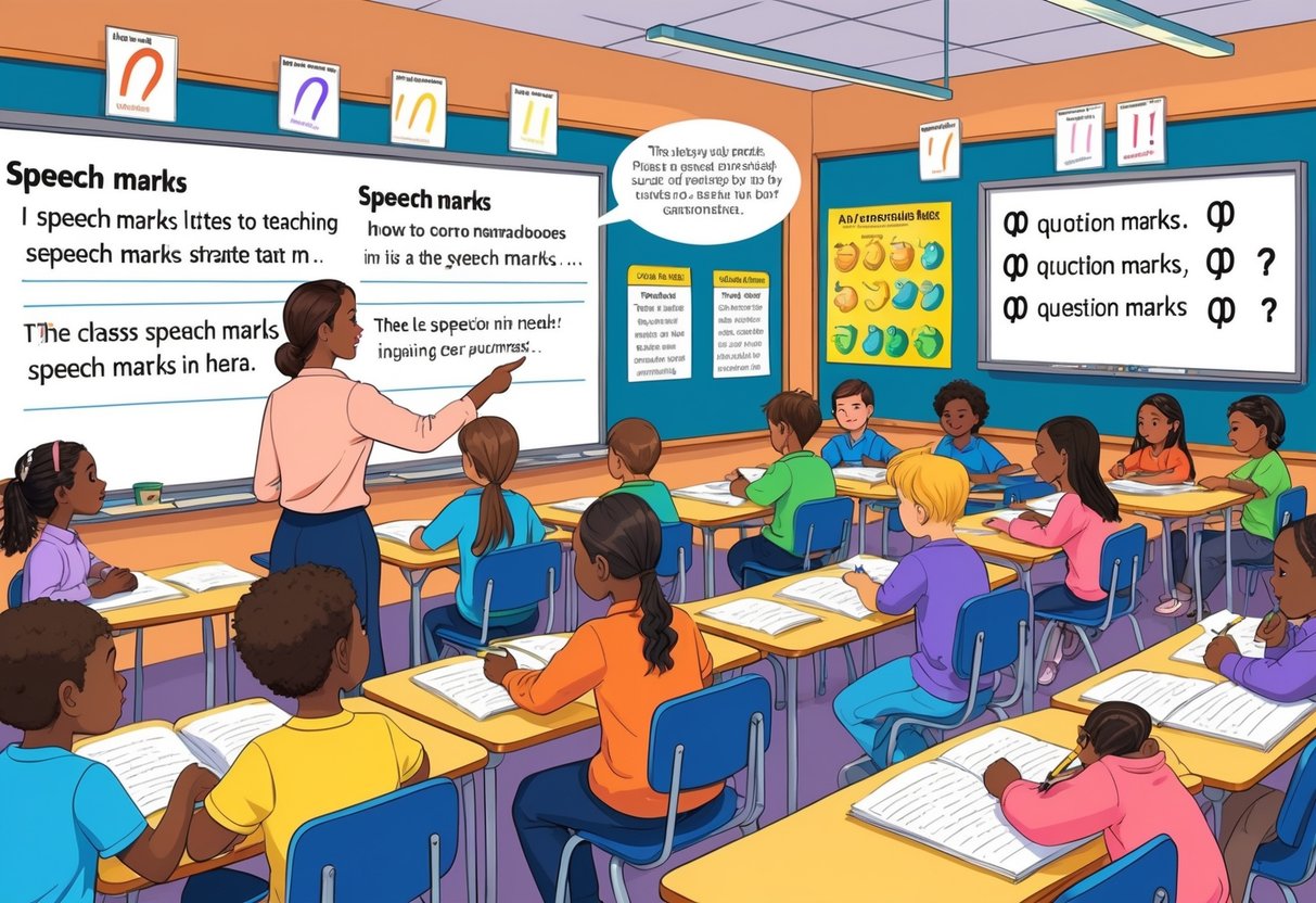 Speech Marks Activities KS2: Fun Ways to Master Punctuation LearningMole A classroom scene with children and a teacher learning about speech marks through interactive activities and visual aids.