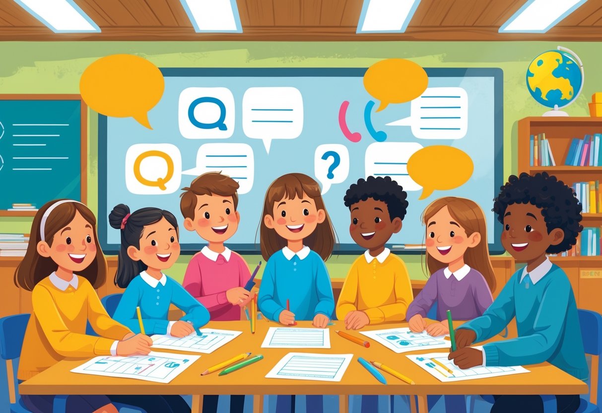 Speech Marks Activities KS2: Fun Ways to Master Punctuation LearningMole Children in a classroom working together on speech marks activities with speech bubbles and quotation marks around them.