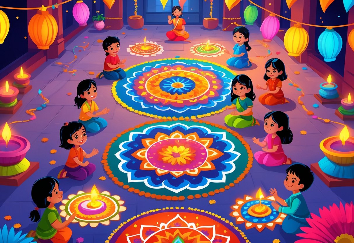 Diwali Activities for Primary School: Creative Ideas and Teaching Tips LearningMole Primary school children creating colourful rangoli patterns on the floor during Diwali celebrations with lamps and decorations around them.
