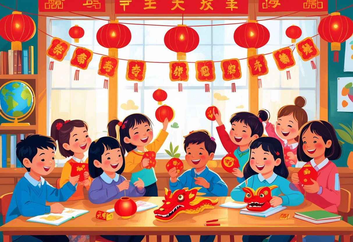 Chinese New Year Activities KS2: Fun Projects, Stories & Traditions LearningMole Children in a classroom making Chinese New Year crafts with festive decorations around them.