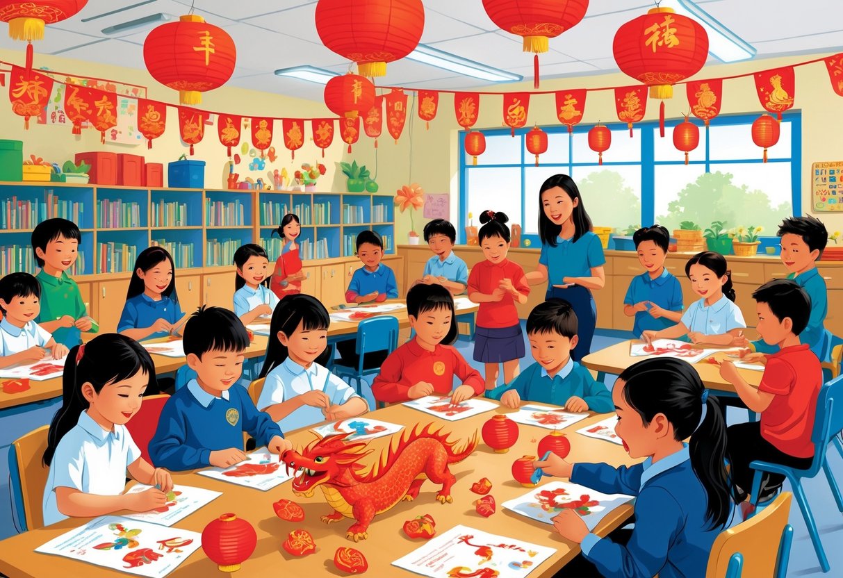 Chinese New Year Activities KS2: Fun Projects, Stories & Traditions LearningMole Children in a classroom making Chinese New Year crafts with decorations and a teacher helping them.