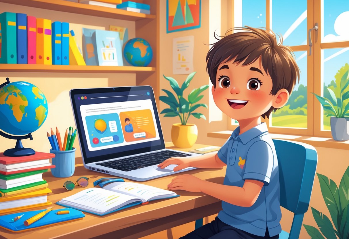 Video Resources for Home Learning Primary School: The Ultimate Guide Video Resources LearningMole A young child sitting at a desk at home, watching educational videos on a laptop surrounded by books and learning materials.