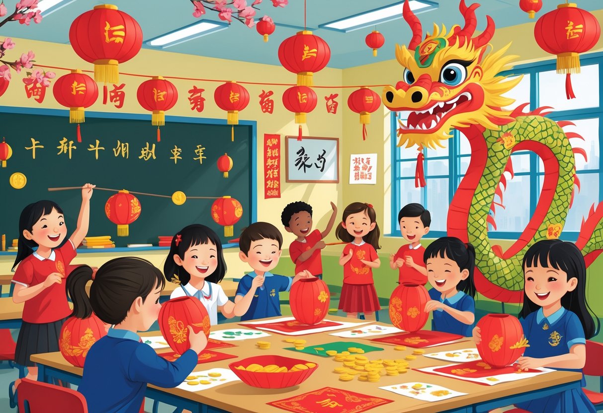 Chinese New Year Activities KS2: Fun Projects, Stories & Traditions LearningMole Children in a classroom making paper lanterns and dragons, celebrating Chinese New Year with decorations and crafts.