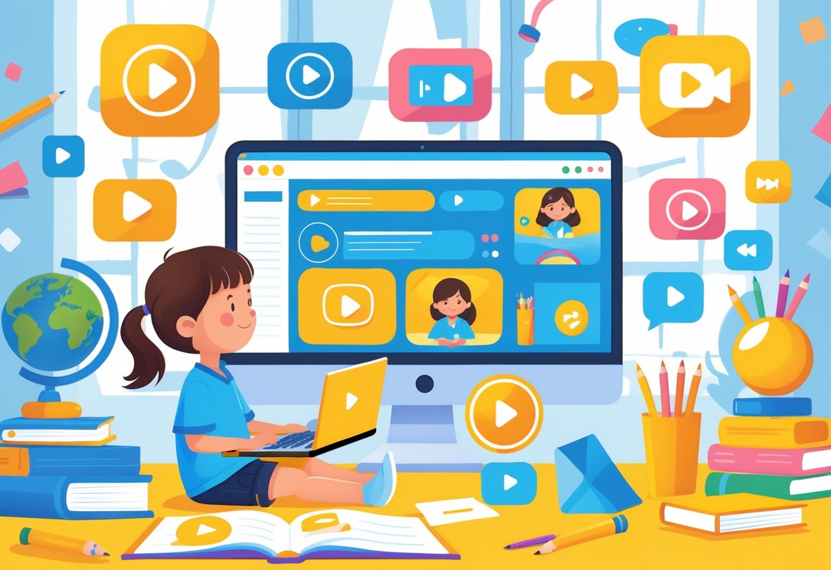 Video Resources for Home Learning Primary School: The Ultimate Guide Video Resources LearningMole A young child watching educational videos on a laptop at a desk in a bright home learning space with books and learning materials around.